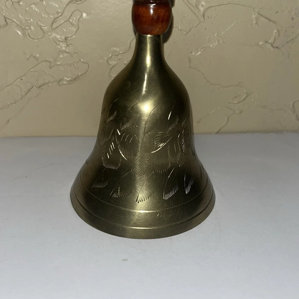 Vintage Brass School Bell Etched with Wooden  Handle 9